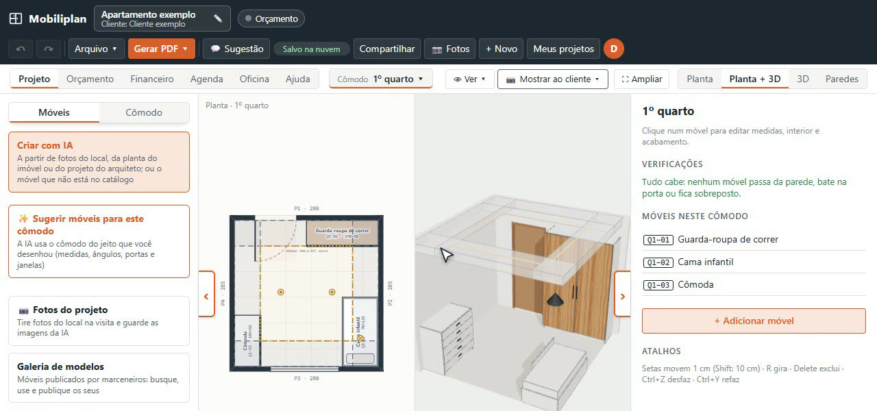 Tela do Mobiliplan: planta do quarto com as medidas, os móveis em 3D e a lista de móveis do cômodo